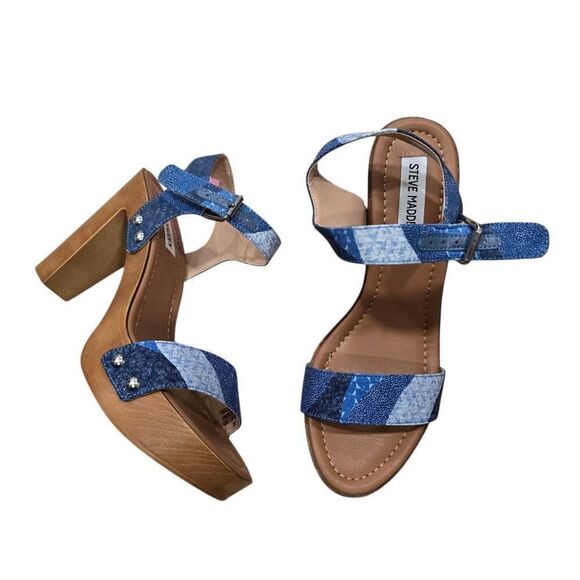 Steve Madden Ankle Strap Sandals Women's 8M Blue Canvas Studded Party/Cocktail - Picture 1 of 7